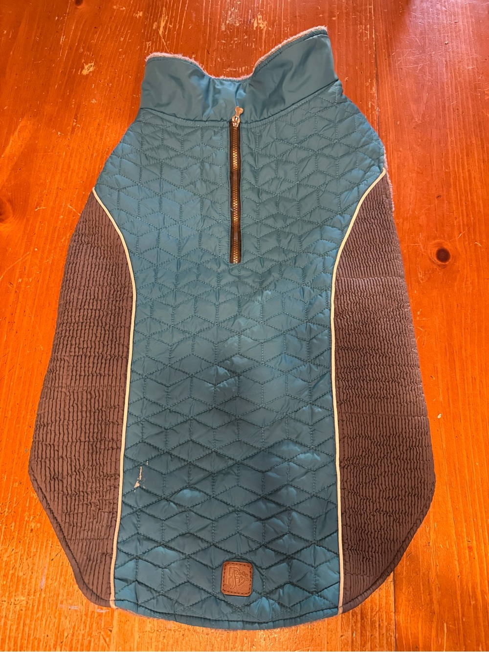 Quilted Reflective Teal Dog Coat with Brown Side Panels